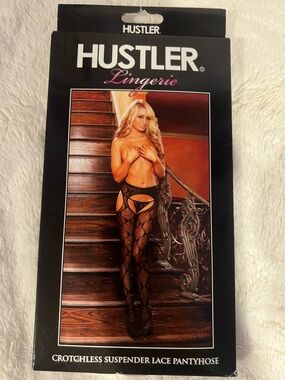 Hustler Hollywood Black Lace Crotchless Suspender Pantyhose